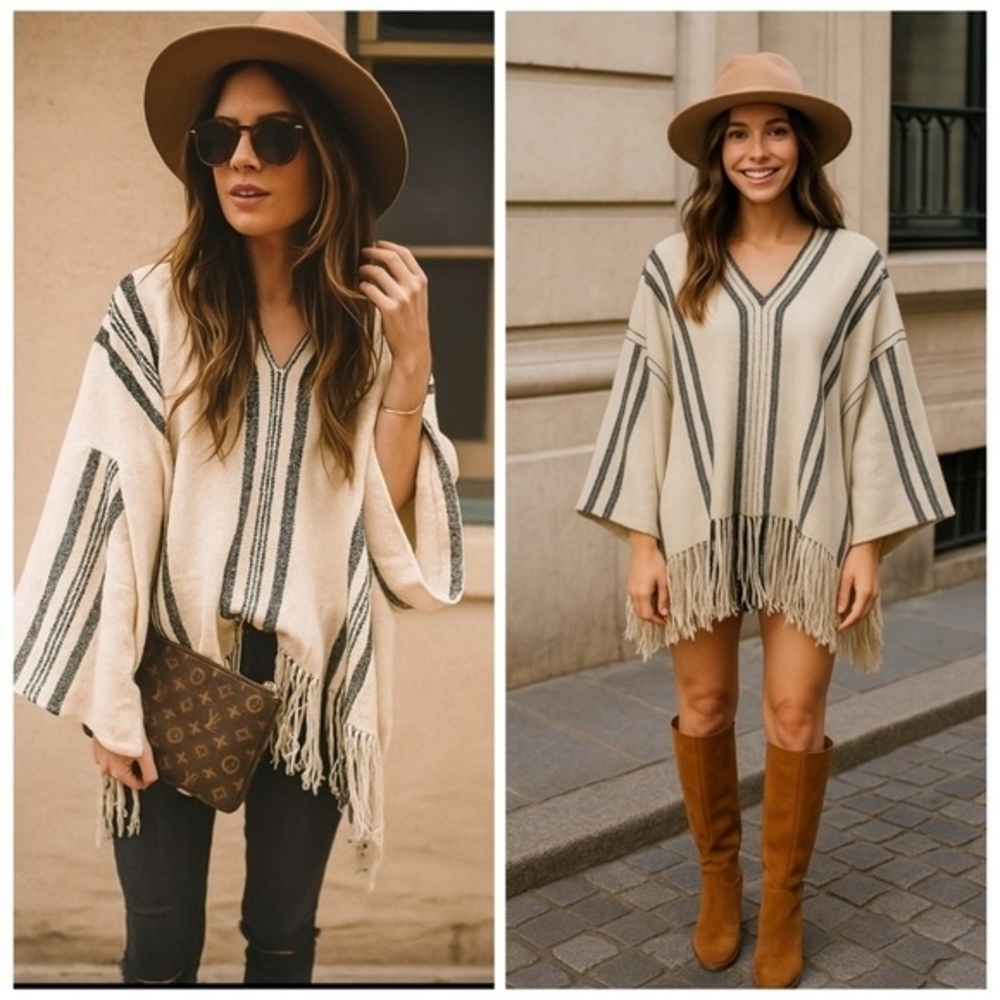 Apiece Apart Ivory Black Striped Fringe V Neck Poncho Sweater Cotton Sz Small